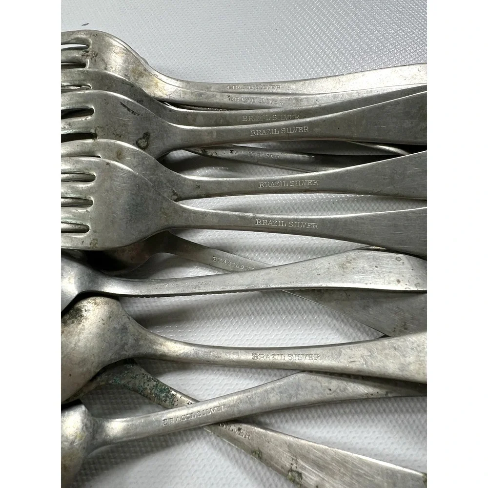 Vintage Brazil Silver 6‎ Forks - 6 Spoons & 1 Serving Spoon Monogram 